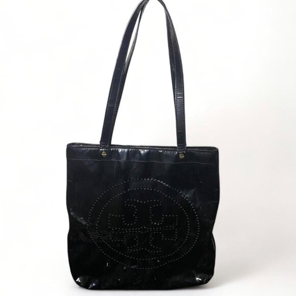 TORY BURCH- LASER CUT PATENT LEATHER TOTE BLACK - MSRP $550 - Picture 1 of 3